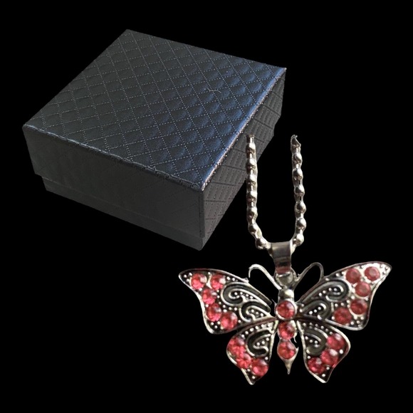 Silver Pink Crystal Rhinestone Cubic Zirconia CZ Gemstone Butterfly Necklace - Picture 2 of 4